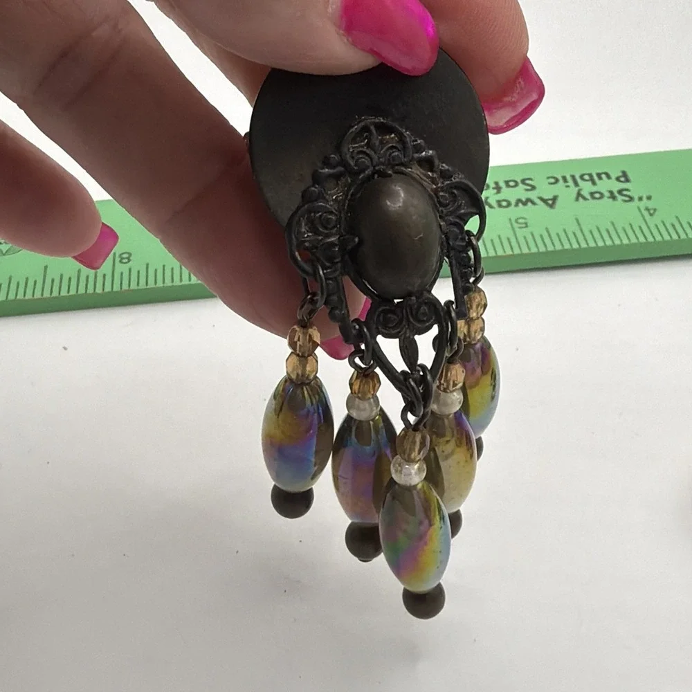 Unsigned‎ Carnival Glass Iridescent Cab & Rhinestone W/Chain Dangles Brooch